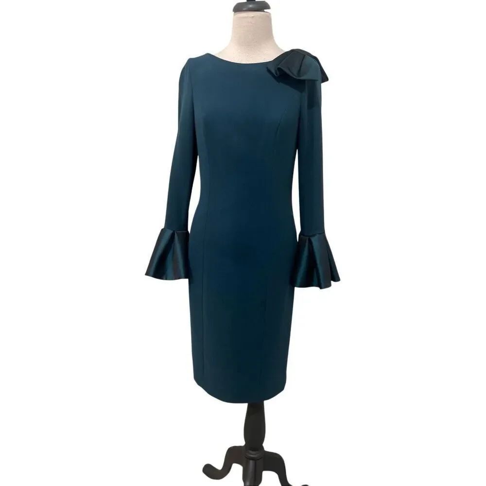Teri Jon by Rickie Freeman Womens Bell Sleeve Crepe Sheath Dress Teal Size 2 NWT